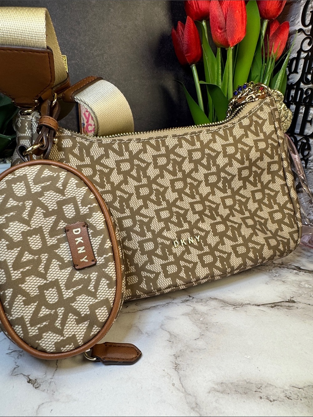 DKNY Tan Logo Crescent Crossbody with Detachable Pouch and Gold Chain